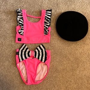 Custom Kandi Kouture pink, black, & white two-piece costume w/ felt beret. CM.